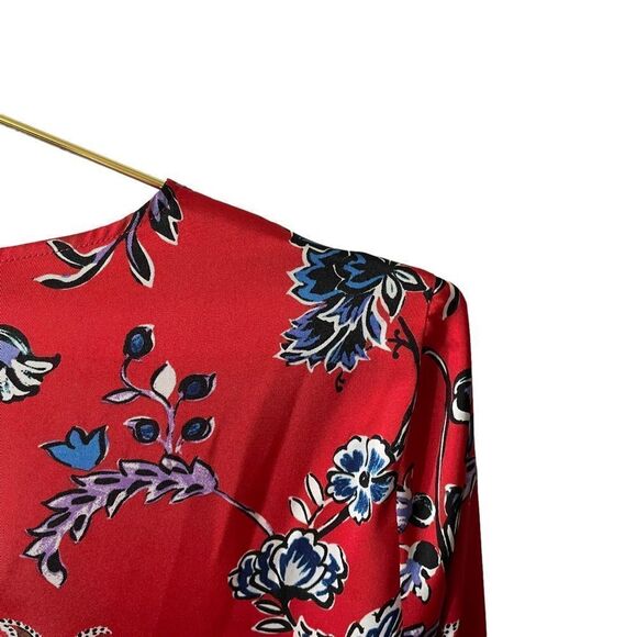 ZARA Floral Bird Patchwork Red Blue Blouse Size Small - Picture 6 of 10